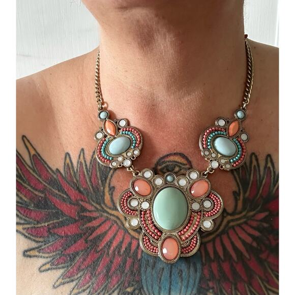 Pink and Teal Beaded Collar Necklace - Picture 3 of 8